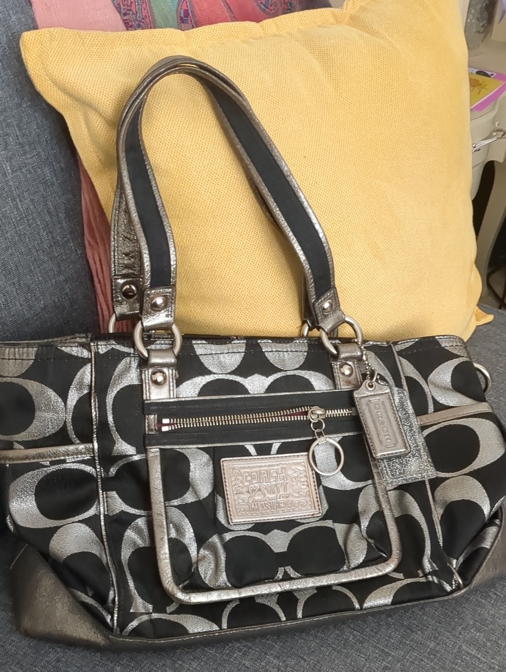 Coach Poppy Black & Silver Signature Tote with Metallic Accents